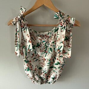 Moon River Ivory Pink and Green Floral Sleeveless Tank Top with Bow Ties XS